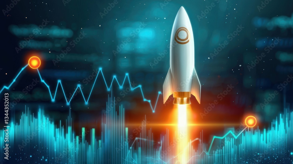 Poster vivid rocket liftoff event outer space digital chart futuristic environment upward perspective innov