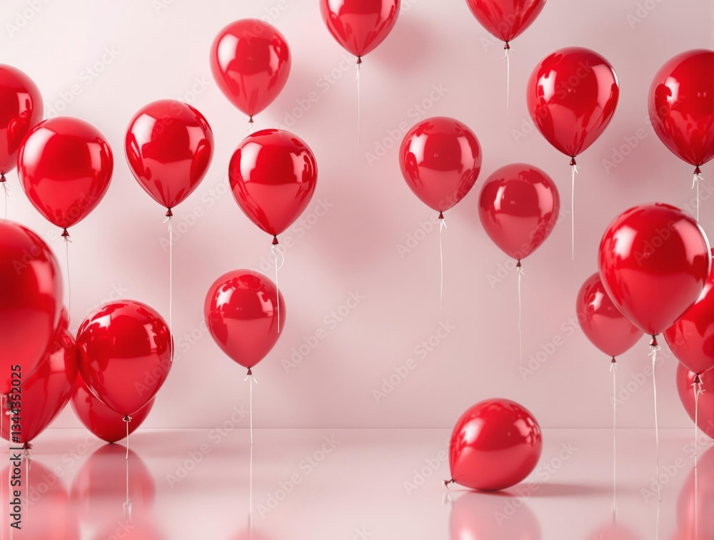Poster A vibrant red balloon floating against a pristine white backdrop, creating a striking contrast. The balloon's glossy texture reflects the light, adding depth and dimension to the scene. The white back