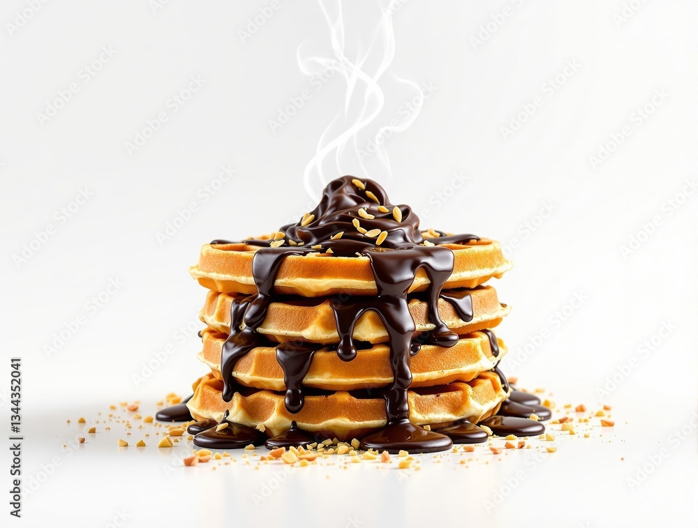 Poster a stack of golden-brown waffles generously drizzled with a thick, dark chocolate sauce, creating a v