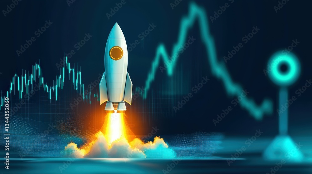 Poster rocket liftoff action chart digital space vivid graphics tech environment upward perspective