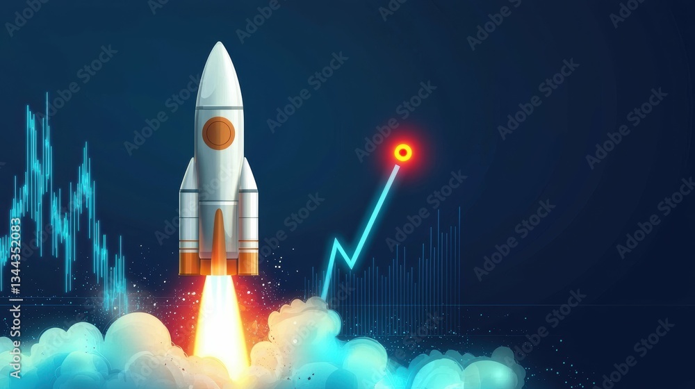 Poster rocket liftoff action chart displaying upward trend space digital art futuristic environment eye-lev
