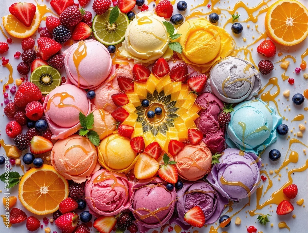 Poster A vibrant and colorful display of macarons and a medley of fresh fruits, each with its own unique hue and texture, set against a white background.