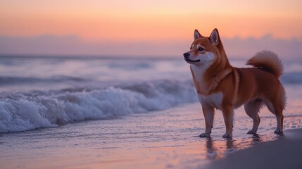 Shiba Inu dog standing on the beach at sunset enjoying the view