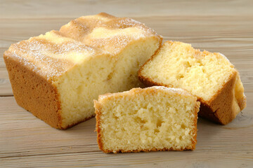 Sliced loaf cake on wooden table. Possible use Baking cookbook