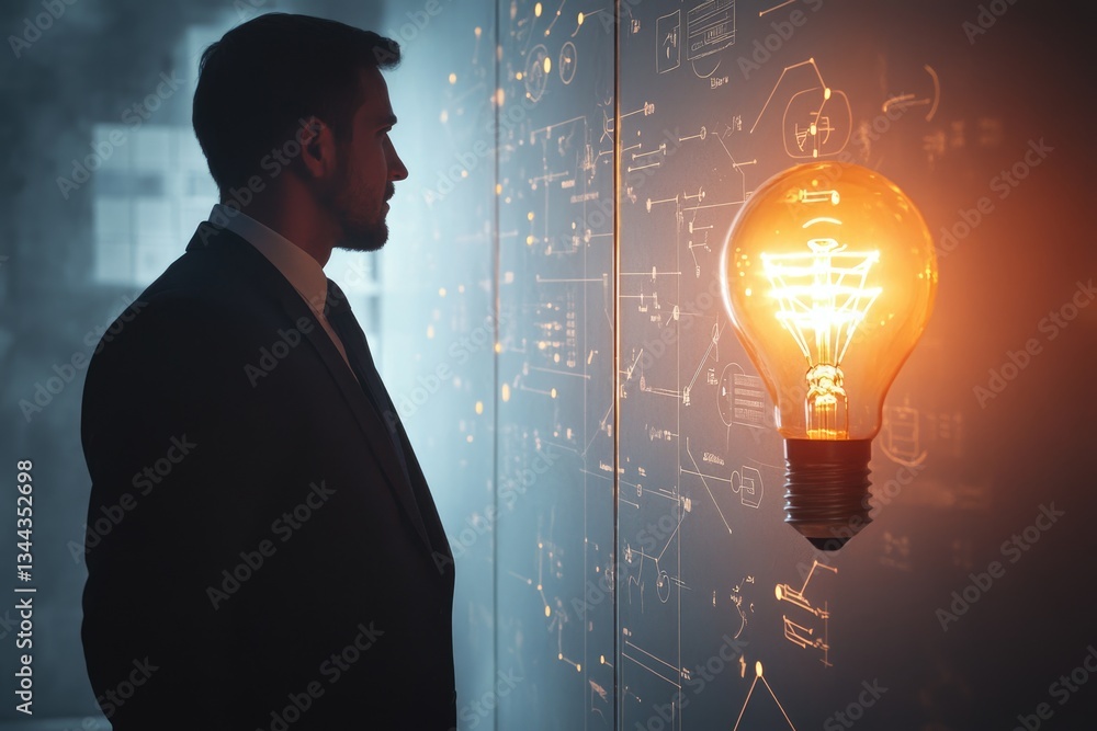 Poster a businessman contemplates a glowing lightbulb against a background of intricate diagrams, symbolizi