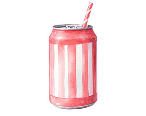 Refreshing red soda can with straw isolated on transparent background