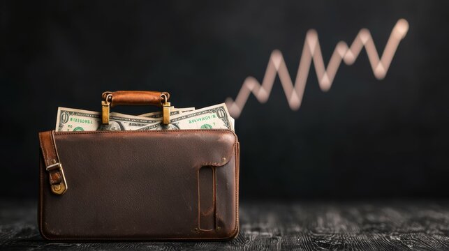Business growth insights vintage briefcase with money on black background financial concept professional viewpoint