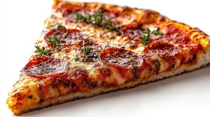 Delicious slice of pepperoni pizza with herbs on a clean white background