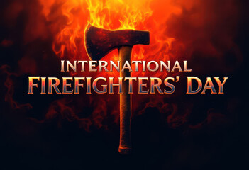 International firefighters' day tribute with flaming axe design for posters and cards