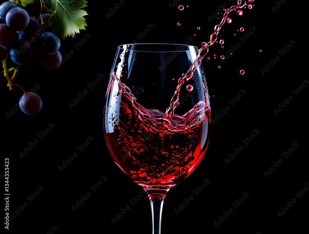Poster a glass of red wine being poured against a dark background, with a cluster of grapes to the left. th