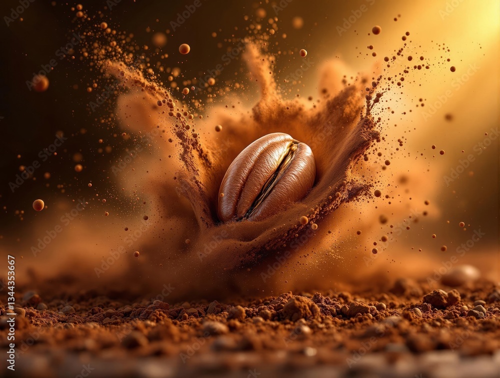 Poster A high-resolution, close-up shot of a coffee bean in motion, captured with a shallow depth of field to emphasize the subject against a blurred background. The coffee bean is in the center of the frame