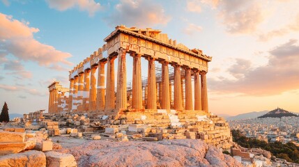 Obraz premium Majestic Parthenon at Sunset Athens Architectural Wonder Historical Landmark Panoramic View Cultural Heritage
