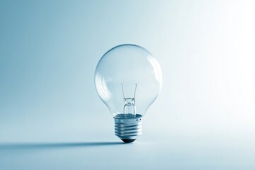 A single, clear light bulb sits on a light blue background, symbolizing ideas and innovation.