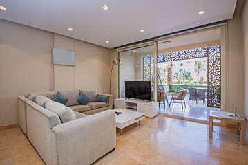 Interior design of luxury apartment living room with garden patio