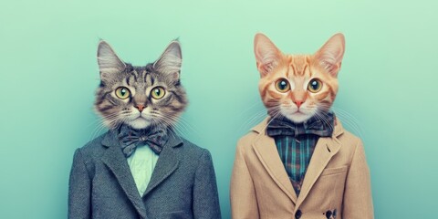 Feline Elegance: Two stylish cats dressed in suits and bow ties, exuding sophistication and charm, pose in a studio setting, a humorous yet refined take on animal portraiture.