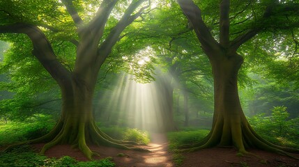 Obraz premium Sunlight filters down through the trees in forest