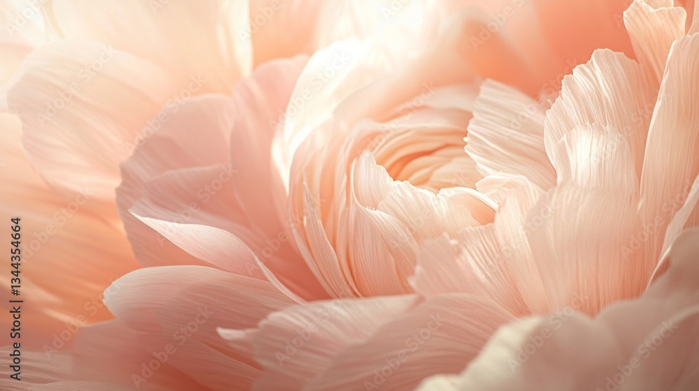 Poster delicate layers of blush-hued petals unfurl softly, illuminated by warm sunlight in a serene garden.
