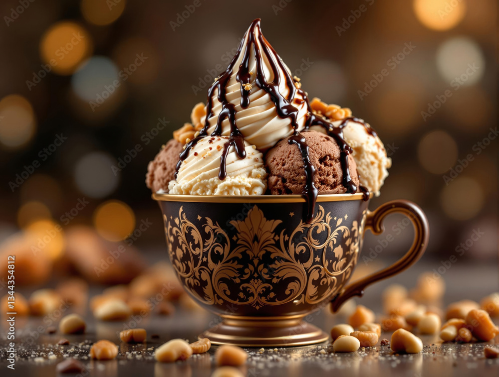 Poster a cup filled with a variety of ice creams and nuts, set against a blurred background with a bokeh ef