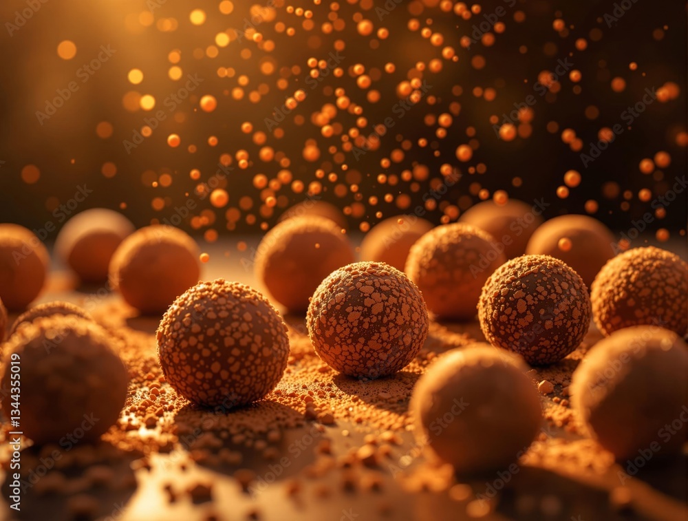 Poster a close-up shot of a wooden surface adorned with a collection of round, golden-brown truffles sprink