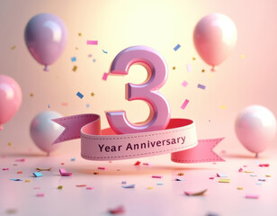 3 year anniversary celebration design with balloons and confetti