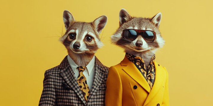 Suave Raccoons: Two fashionable raccoons, one in a sophisticated suit and the other in a stylish yellow jacket with sunglasses, exude an air of charm and elegance against a vivid backdrop.