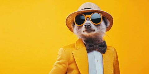Dapper Meerkat: A stylish meerkat, dressed in a yellow suit, hat, and sunglasses, exudes charm and sophistication against a vibrant yellow background.