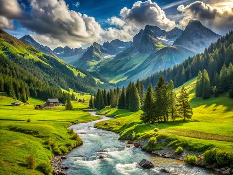 Sertig Valley, Davos: Stunning Swiss Alps Mountain River Landscape with High Depth of Field