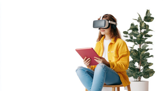 Virtual World Exploration: A woman immersed in a virtual reality experience, wearing a VR headset and holding a tablet, with a houseplant in the background.