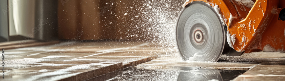 Poster powerful cutting tool is seen in action, creating spray of dust as it slices through tiles on smooth