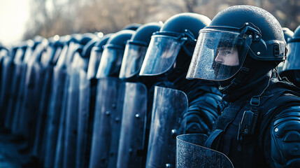 Riot Police Squad in Formation Protective Gear Shields Security