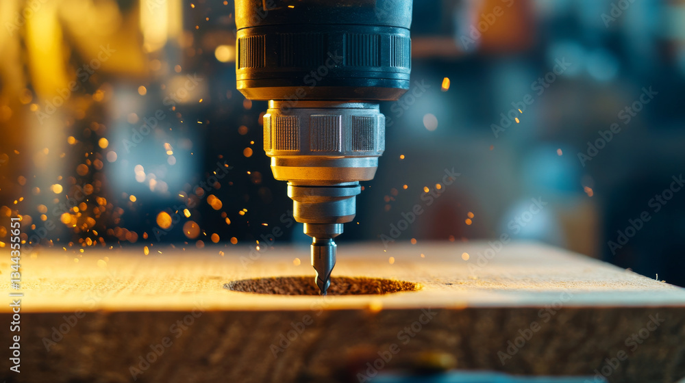 Poster power drill is actively drilling into wooden surface, creating circular hole. sparks and wood shavin