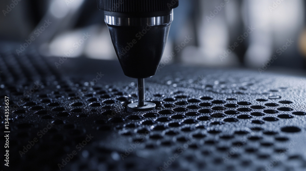 Poster close up view of precision tool creating holes in textured surface, showcasing intricate details of 