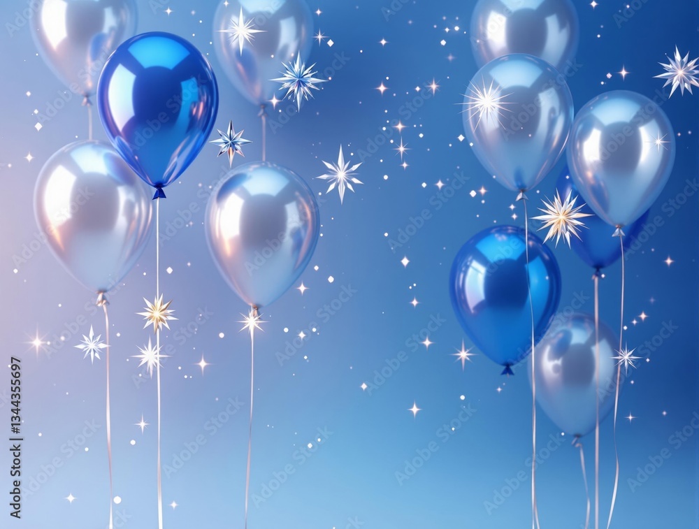Poster a vibrant and festive scene featuring a cluster of shimmering blue balloons floating against a radia