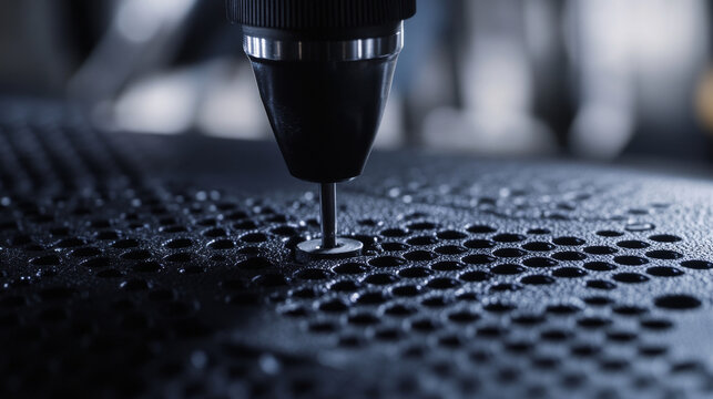 close up view of precision tool creating holes in textured surface, showcasing intricate details of craftsmanship and technology in action. scene conveys sense of skill and focus