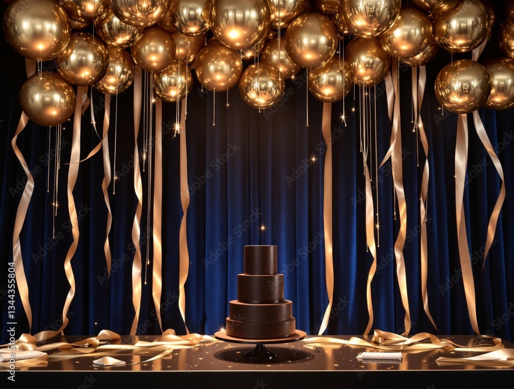 Poster a sophisticated, celebratory scene featuring a table adorned with a multi-tiered cake, surrounded by