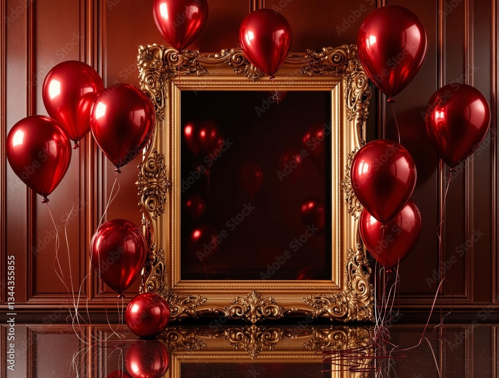 Poster a still life photograph featuring a golden frame on a wooden surface, surrounded by red balloons. th