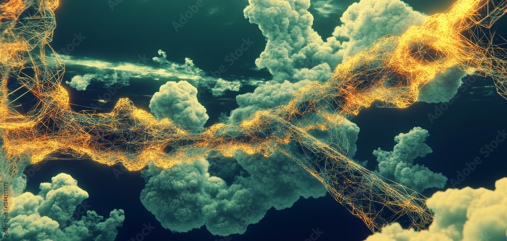 Poster futuristic digital landscape featuring interconnected structures and glowing lines amidst cloudy atm