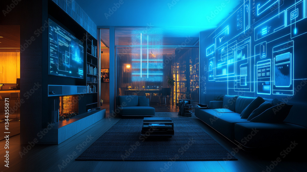 Poster futuristic room setting featuring sleek design with holographic displays illuminating space. ambianc