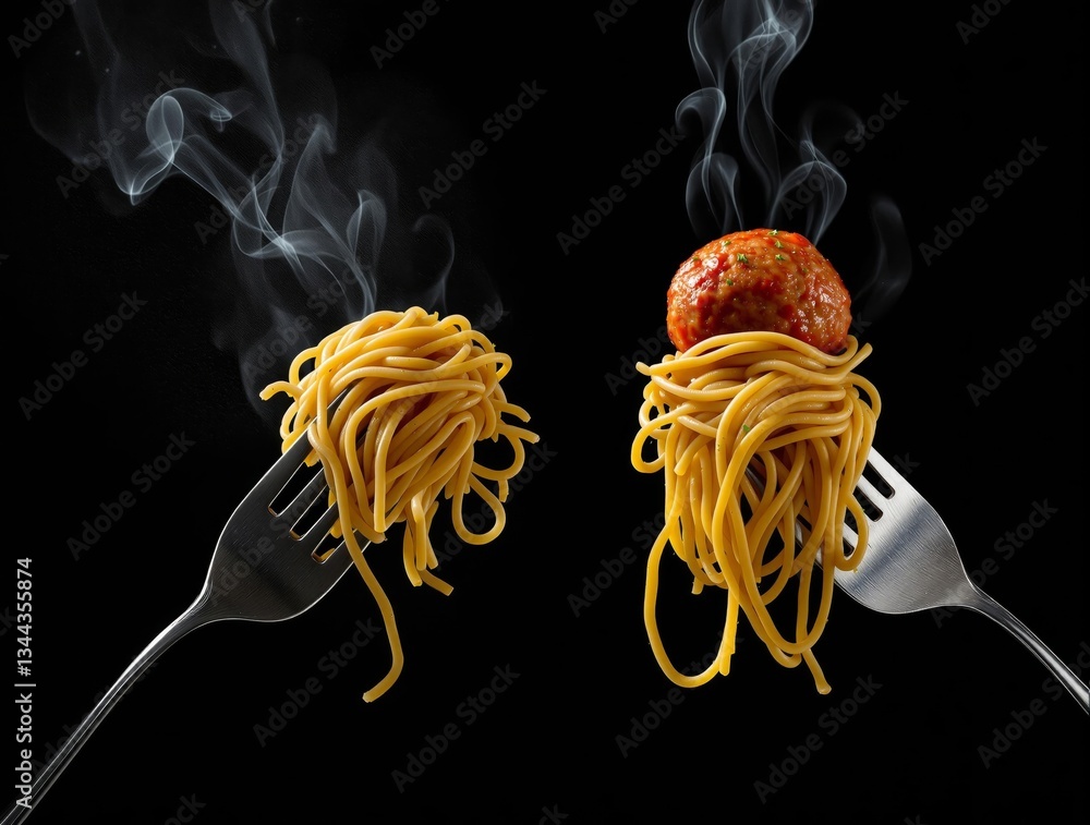 Poster a high-resolution photograph of two forks holding up a generous portion of spaghetti and a meatball,