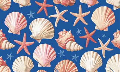 A seamless vector-style illustration featuring various seashells and starfish , easily editable.