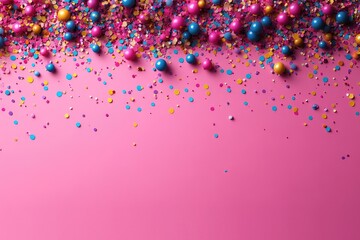 Top view flat lay of colorful confetti and sprinkles on pink background with ample copy space for text, perfect for birthday party decoration and concept, high-resolution realistic light and color, pr