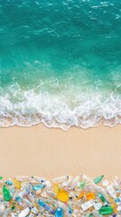 Fototapeta premium Plastic Waste Accumulated on the Beach with Clear Blue Ocean Waves