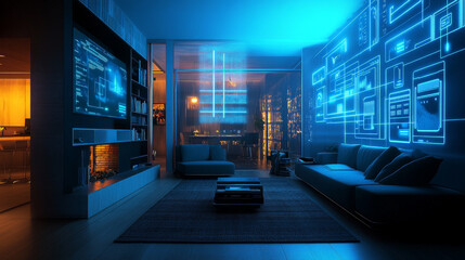 futuristic room setting featuring sleek design with holographic displays illuminating space. ambiance is modern and tech savvy, creating inviting atmosphere for relaxation and entertainment
