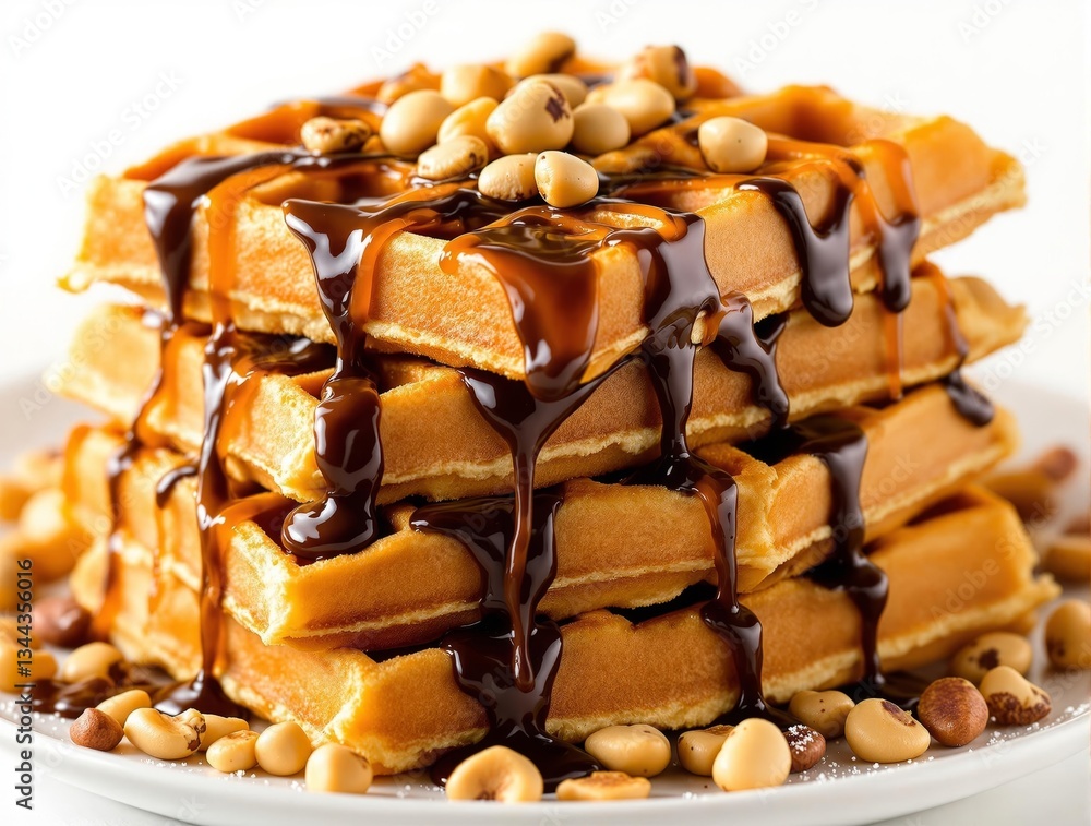 Aufkleber A stack of waffles generously drizzled with a glossy chocolate sauce and sprinkled with peanuts. The waffles have a golden-brown hue, while the chocolate sauce is a deep brown, and the peanuts are a l