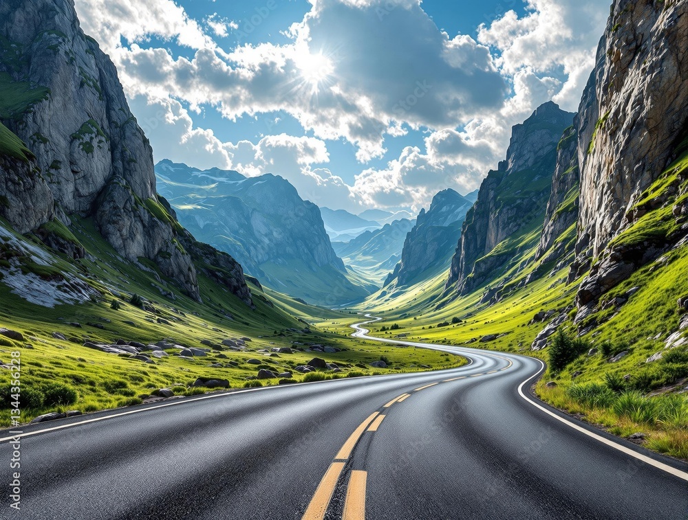Poster a vivid, high-resolution photograph of a winding road snaking through a verdant valley, flanked by t