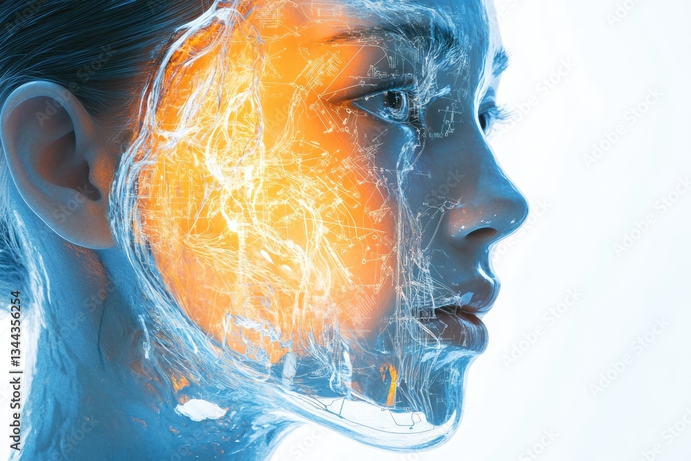 Aufkleber a translucent face overlaid with intricate circuitry, representing the merging of technology and hum