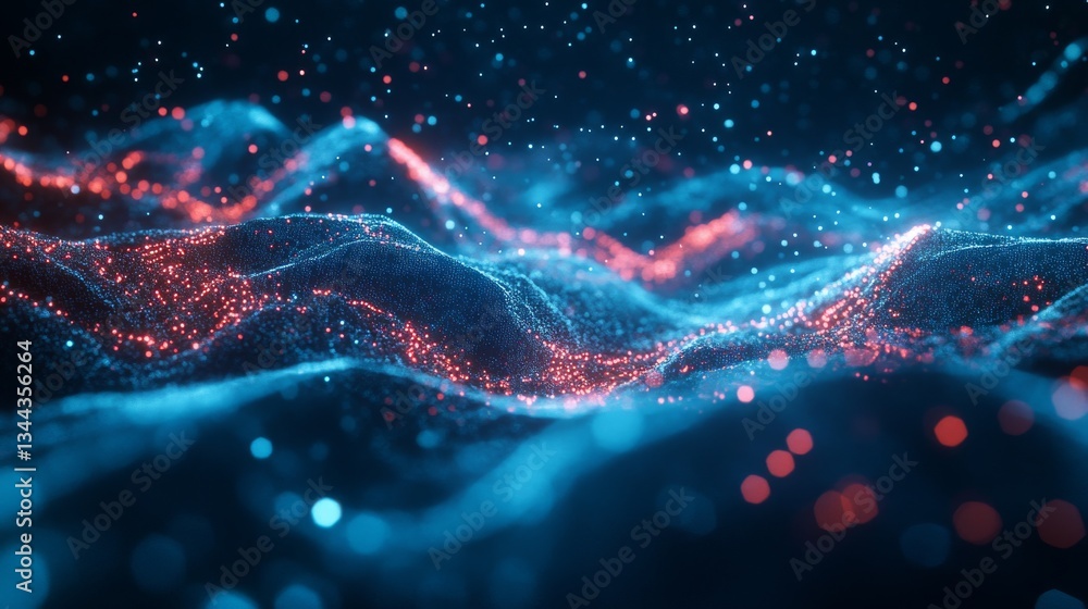 Aufkleber dynamic abstract waves of glowing particles in blue and red against a dark background