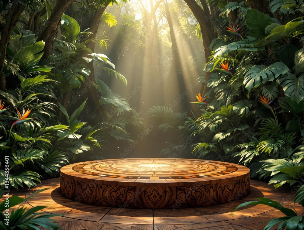 Poster a vivid, sunlit scene of a lush, tropical forest with a circular wooden table in the center. the tab