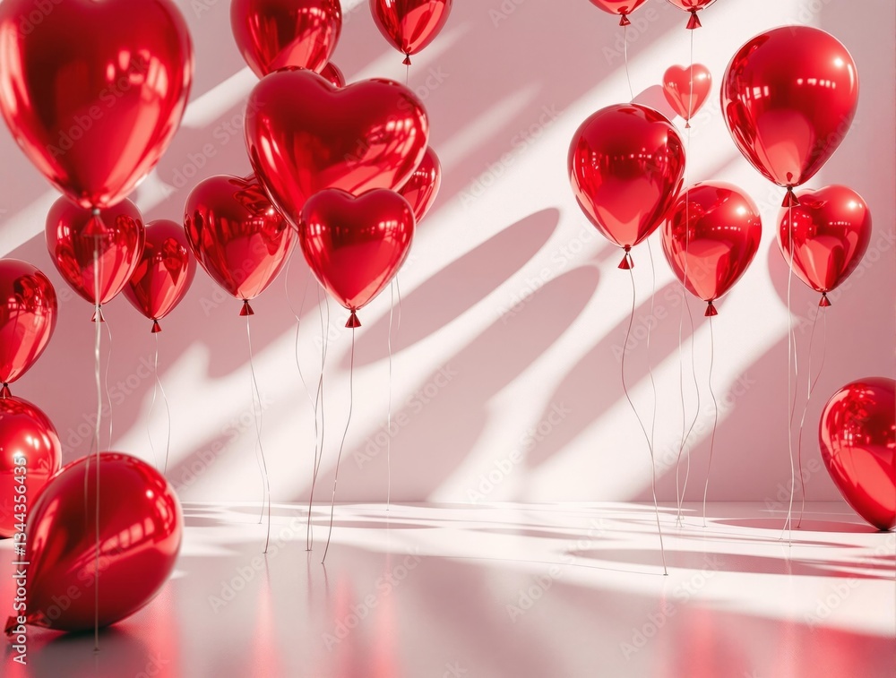 Poster a vibrant, 3d rendered scene featuring a multitude of red heart-shaped balloons suspended in the air