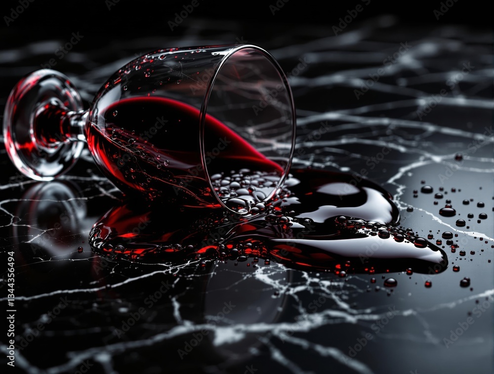 Fototapete A high-resolution, close-up shot of a glass filled with a deep red liquid, likely wine, with droplets cascading down its surface. The liquid has a glossy sheen, reflecting light and creating a vivid c